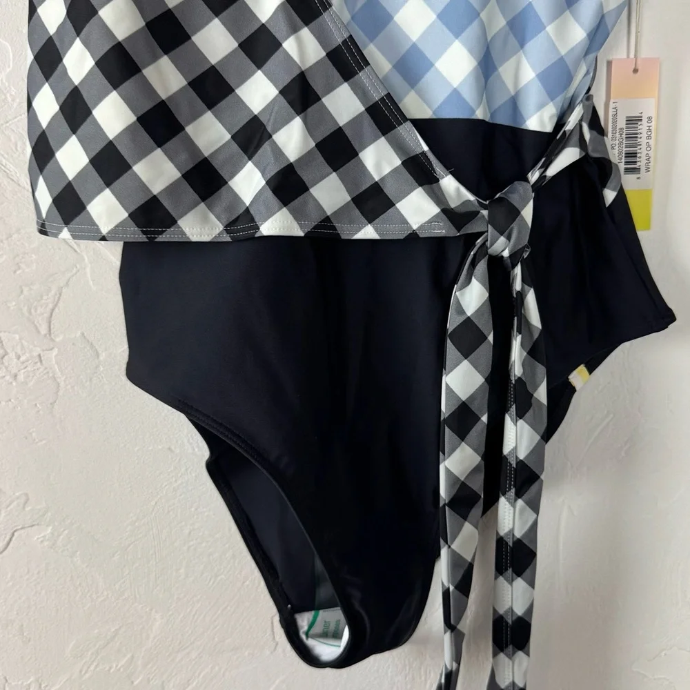 Summersalt Swim Suit One Piece The Perfect Wrap Tie Front Gingham Blue Black - Picture 3 of 8